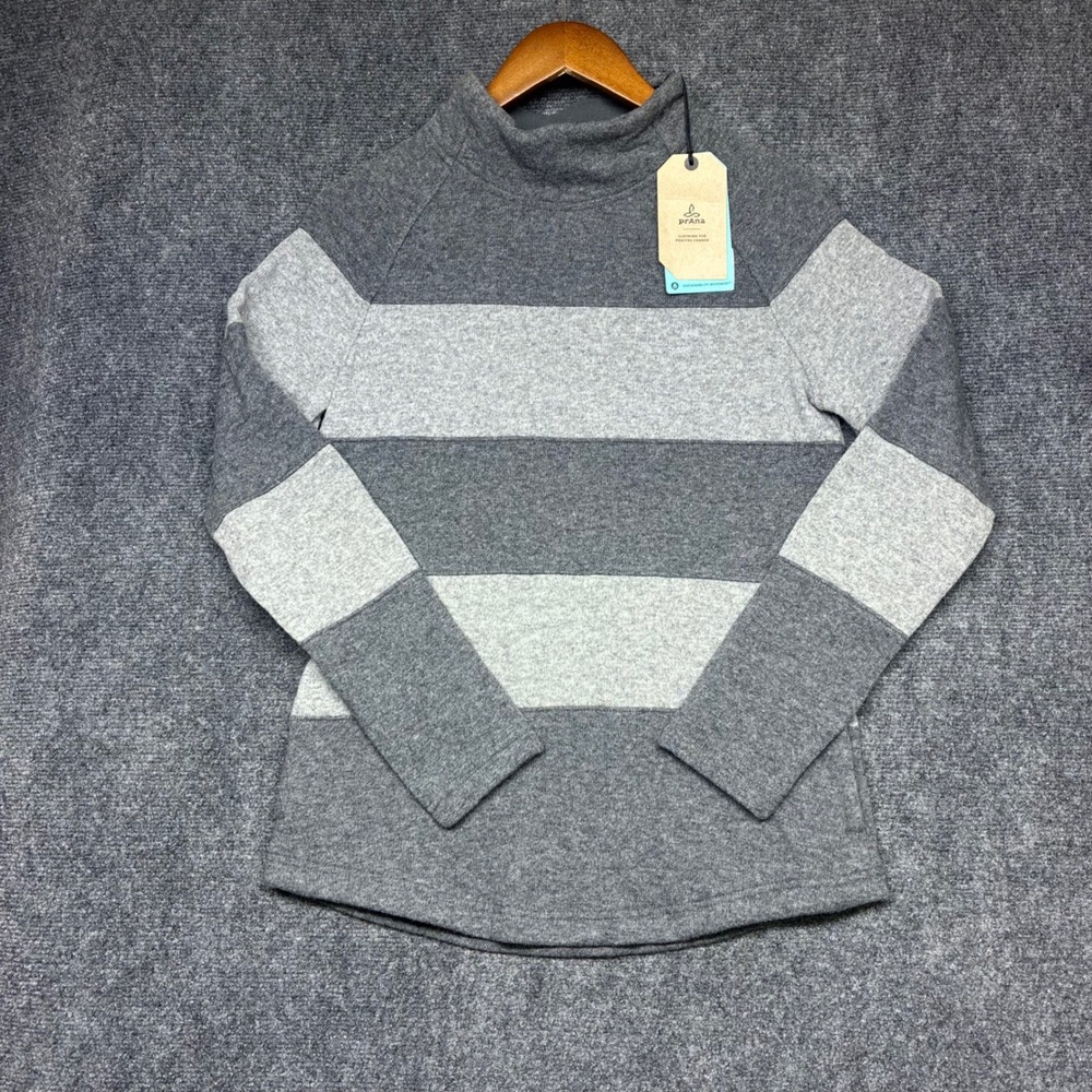 prAna Dessau Gray Colorblock Knit Sweater Mock Cowl Neck Recycled Wool Blend Med